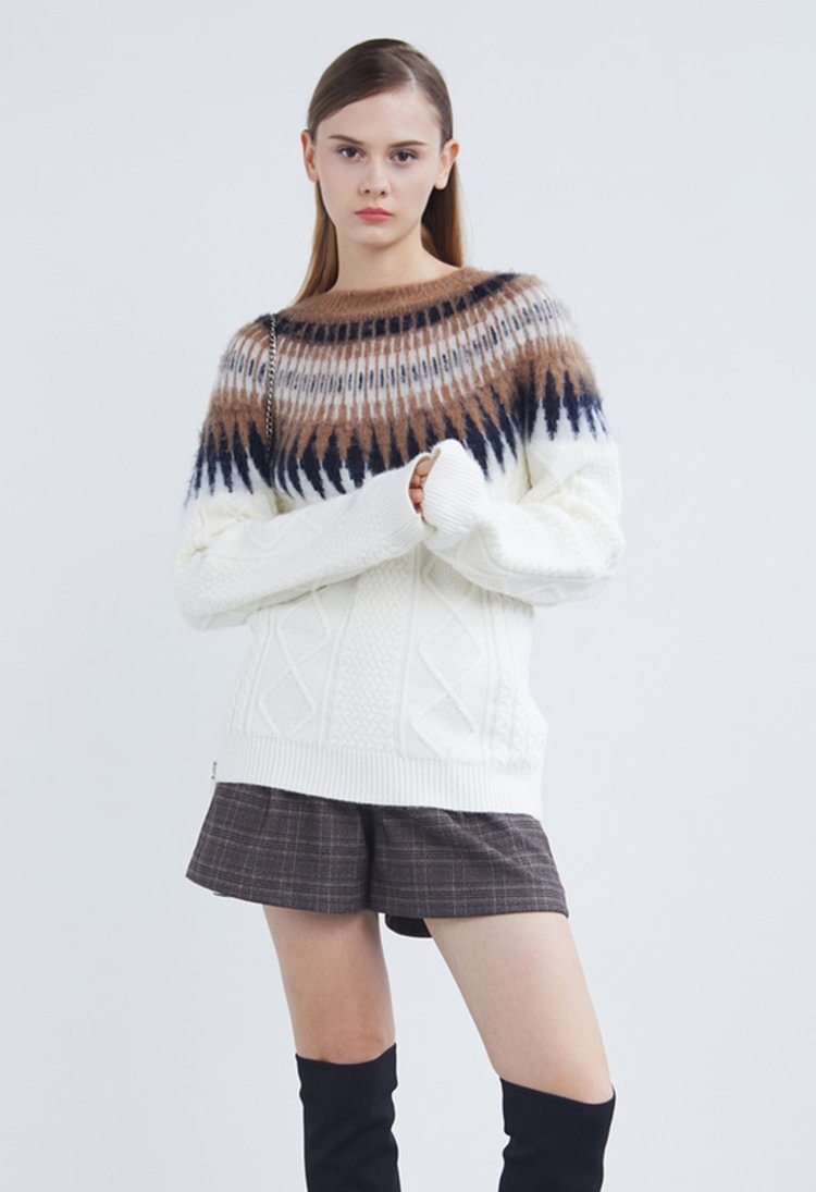 SDEER Retro Round Neck Contrast Color Crochet Loose Long-sleeved Sweater