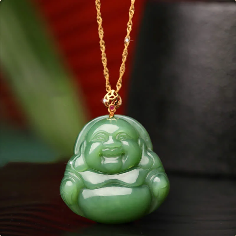 Laughing Buddha 925 Sterling Silver Hetian Cyan Jade Luck Chain Necklace Pendant