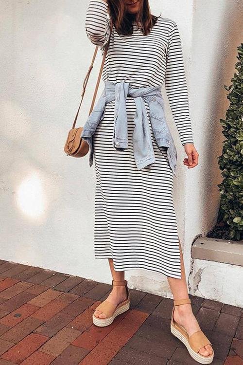 Casual Long Sleeves Striped Dress-elleschic