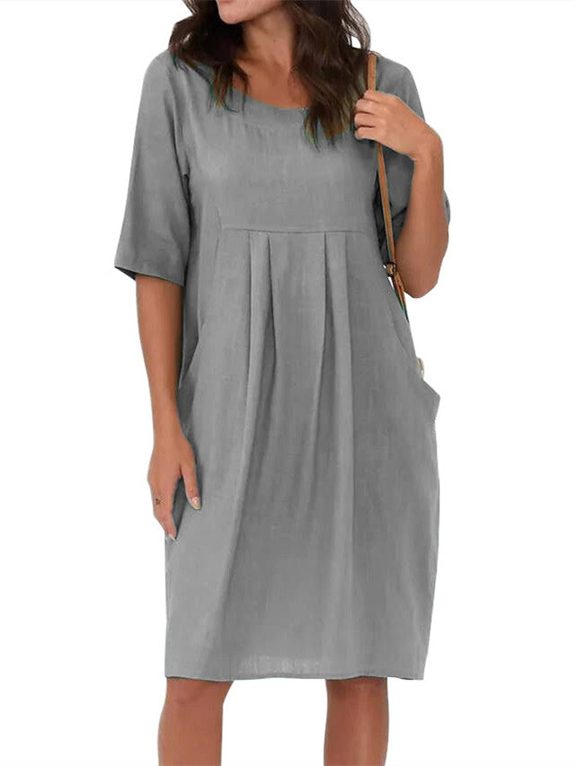 Women's Half Sleeve Round Neck Solid Color Loose Casual Pocket Dress