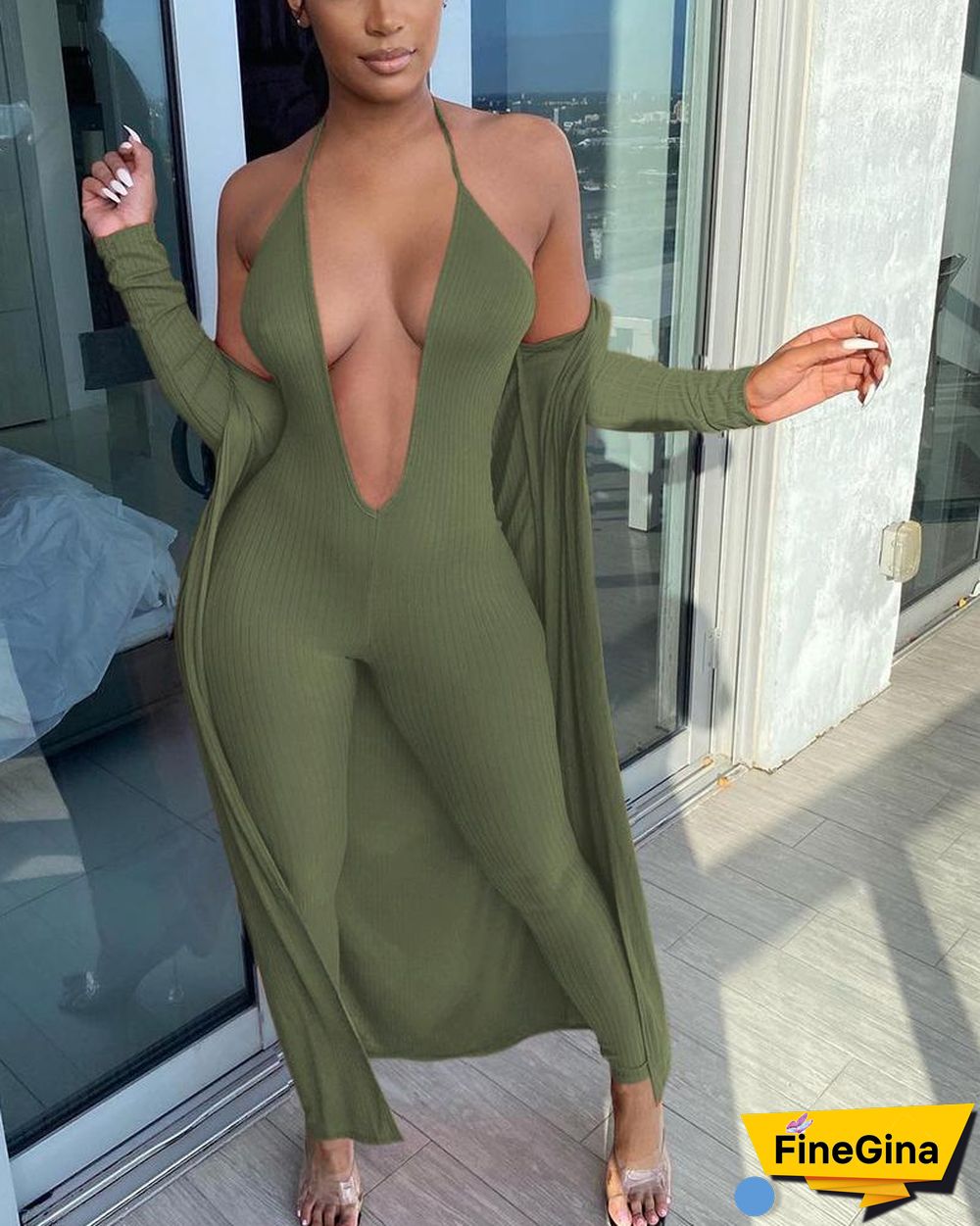 Solid Ribbed Plunging Neck Skinny Cami Jumpsuit With Coat