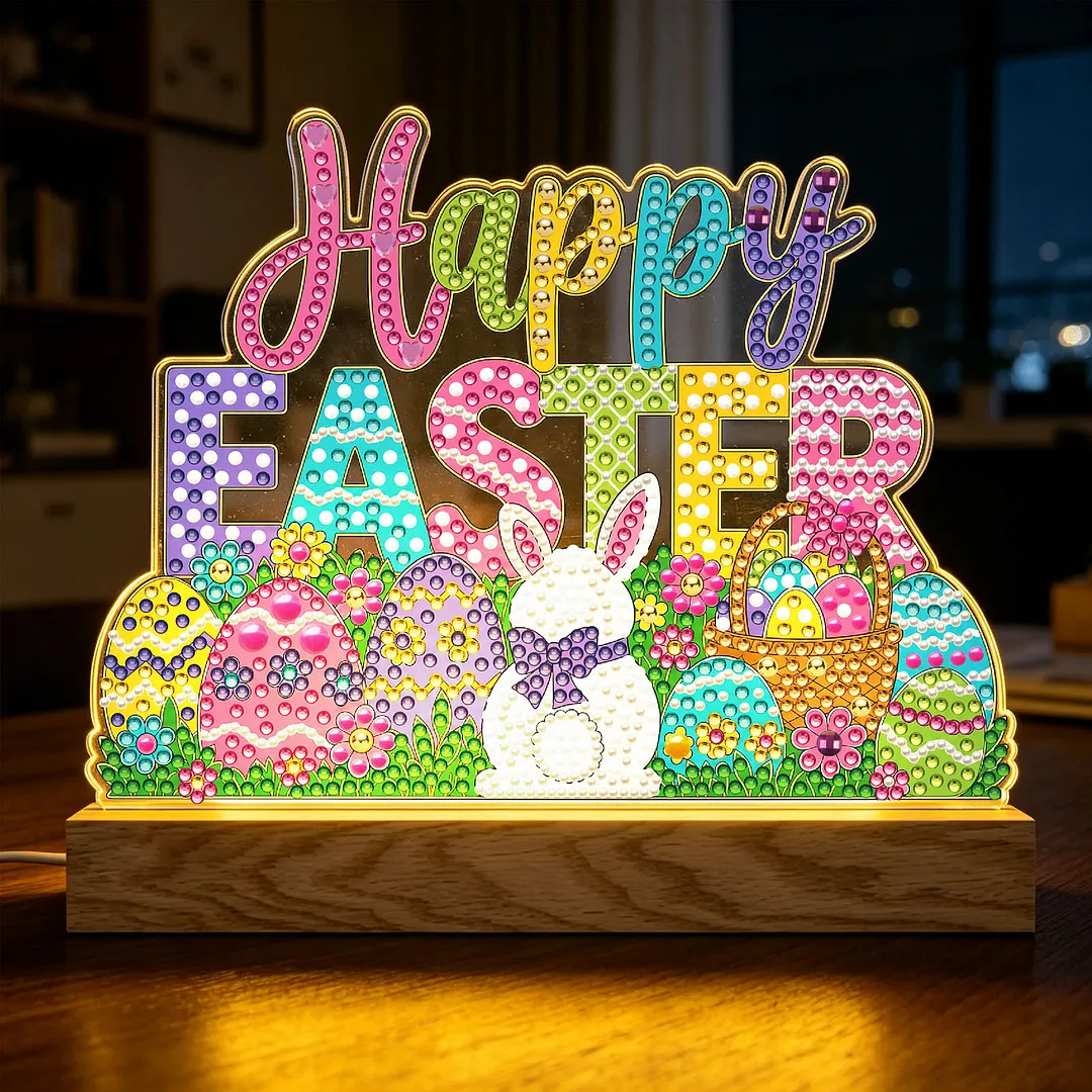 Easter DIY Acrylic Diamond Painting Night Light for Adults Beginner Diamond Art Table Lamp with Wooden Base for Woman Man Desk Bedroom Tabletop Decor