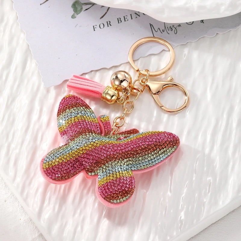 Vintage Style Minimalist Butterfly Pu Leather Alloy Tassel Inlay Rhinestones Bag Pendant Keychain
