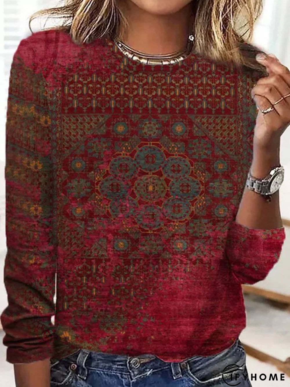 Plus Size Casual Ethnic Crew Neck T-Shirt | IFYHOME