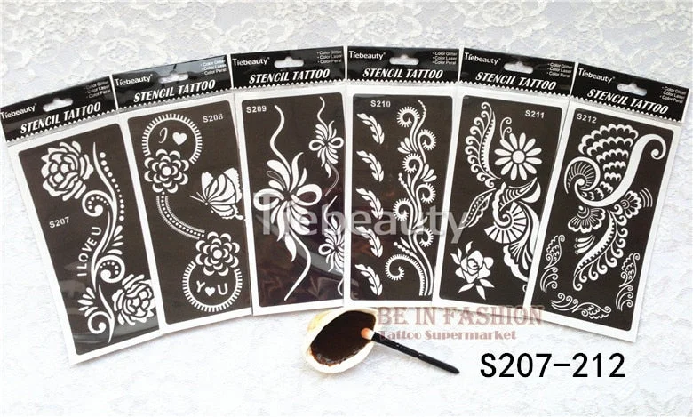 6pcs/lot Mehndi Indian Henna Tattoo Stencil reuseable Henna Tatoo Template Professional Tattoos Stencil For hand Painting bride