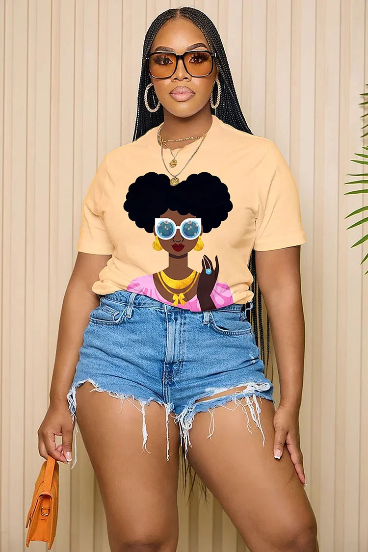 LORAGAL Black Girl Cartoon Print Short Sleeve Casual T-Shirt-Beige