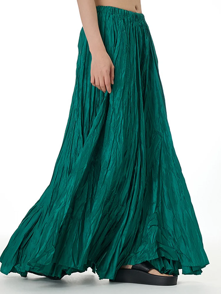 Elegant Wrinkled Pleated Elastic Waist Solid Maxi Skirt