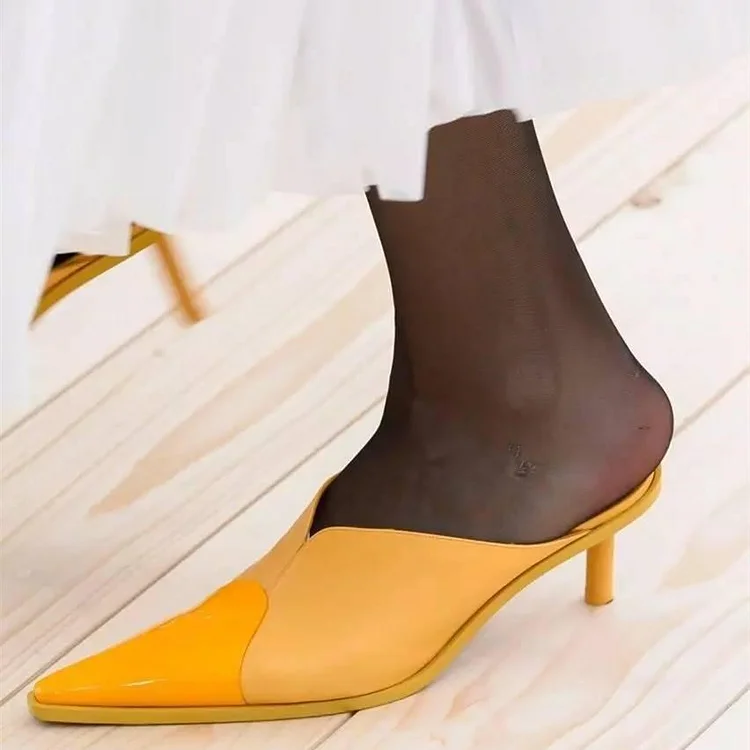 Trending Mustard Mule Heels Pointy Toe Kitten Heels Vdcoo