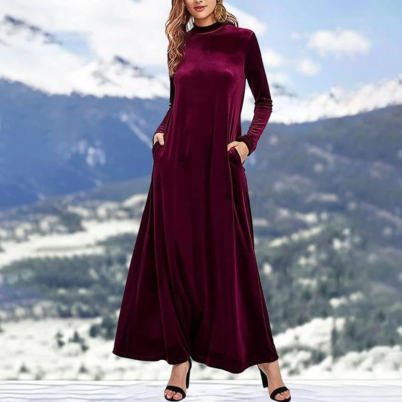 Mock Neck Solid Color Velvet Long-sleeved Maxi Dress