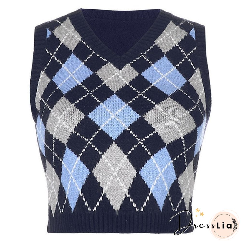 V Neck Vintage Argyle Sweater Vest Women Black Sleeveless Plaid Knitted Crop Sweaters Casual Autumn Preppy Style tops