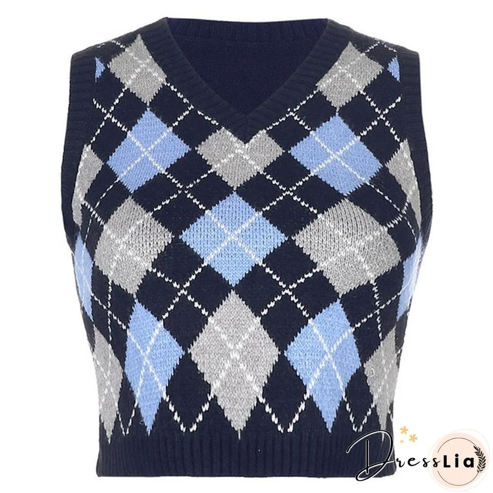 V Neck Vintage Argyle Sweater Vest Women Black Sleeveless Plaid Knitted Crop Sweaters Casual Autumn Preppy Style tops