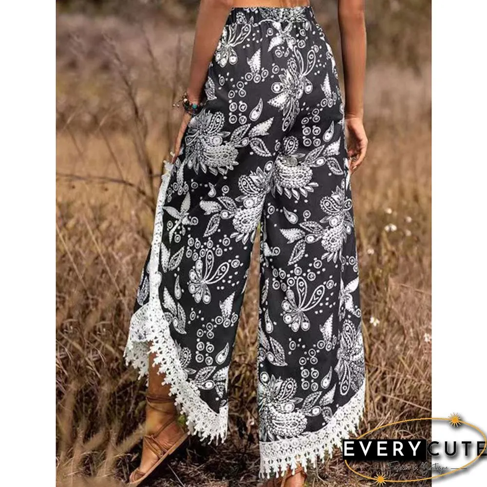 Black Floral Print Spliced Casual Pants
