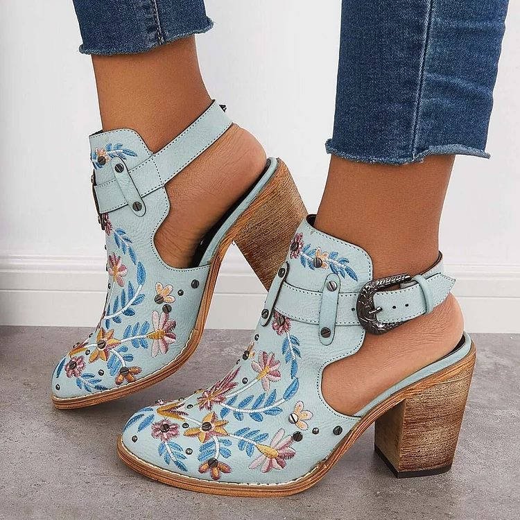 Cutout Embroidered Chunky Heels Ankle Strap Slingback Sandals shopify Stunahome.com