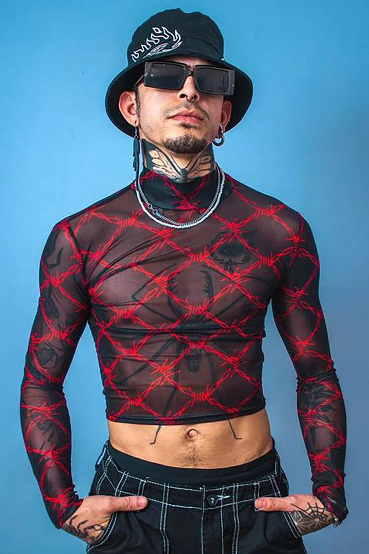 See Through Mesh Pattern Print Stretchy Slim Fit Crop Top [Pre-Order]