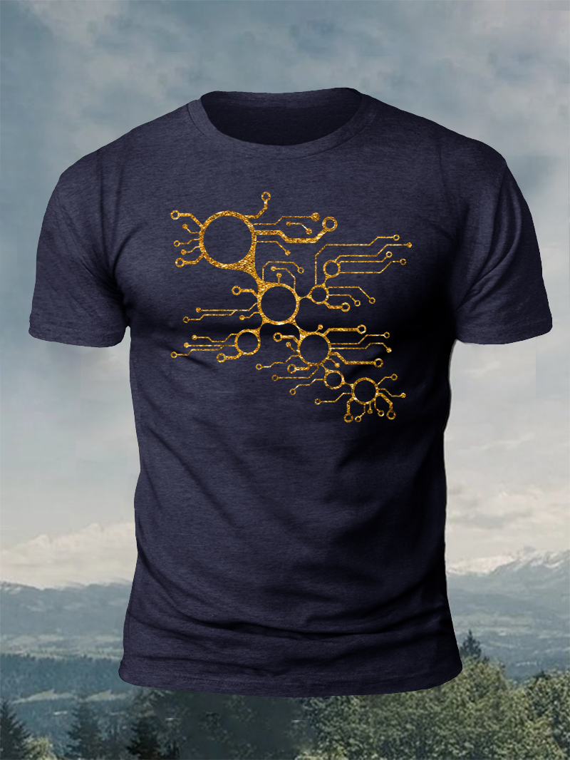 Golden Abstract Circuit Print Short Sleeve T-Shirt