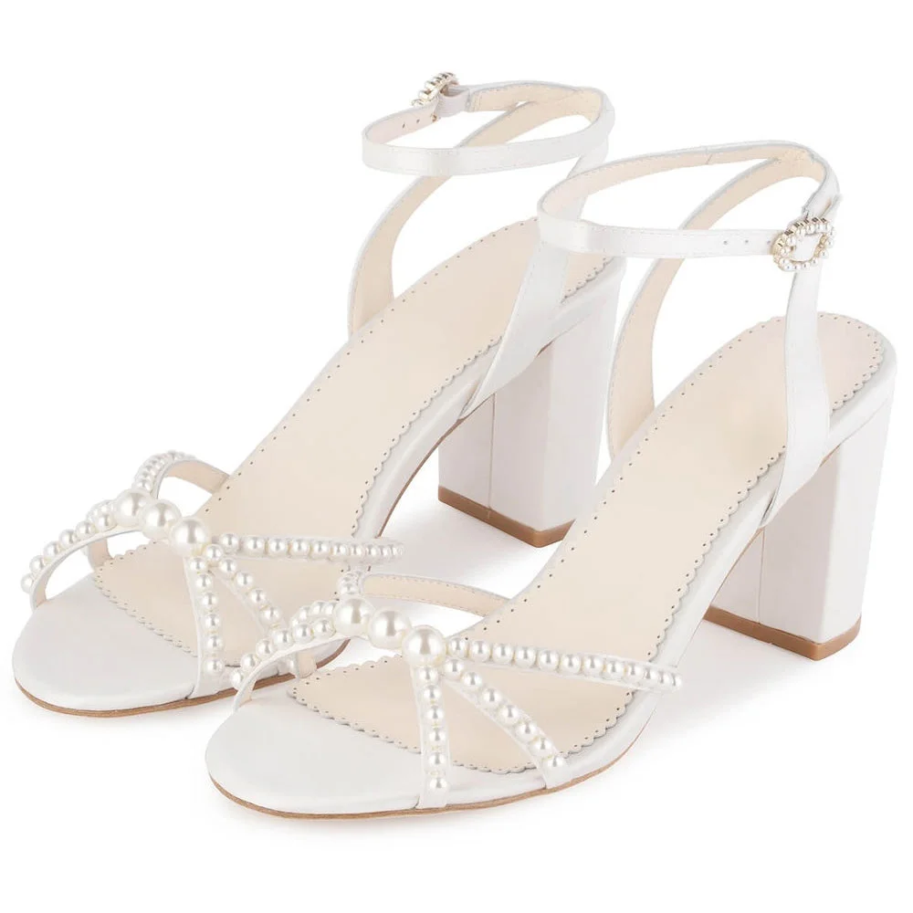 YDN White Satin Open Toe Ankle Strap Chunky Heel Pearl Sandals