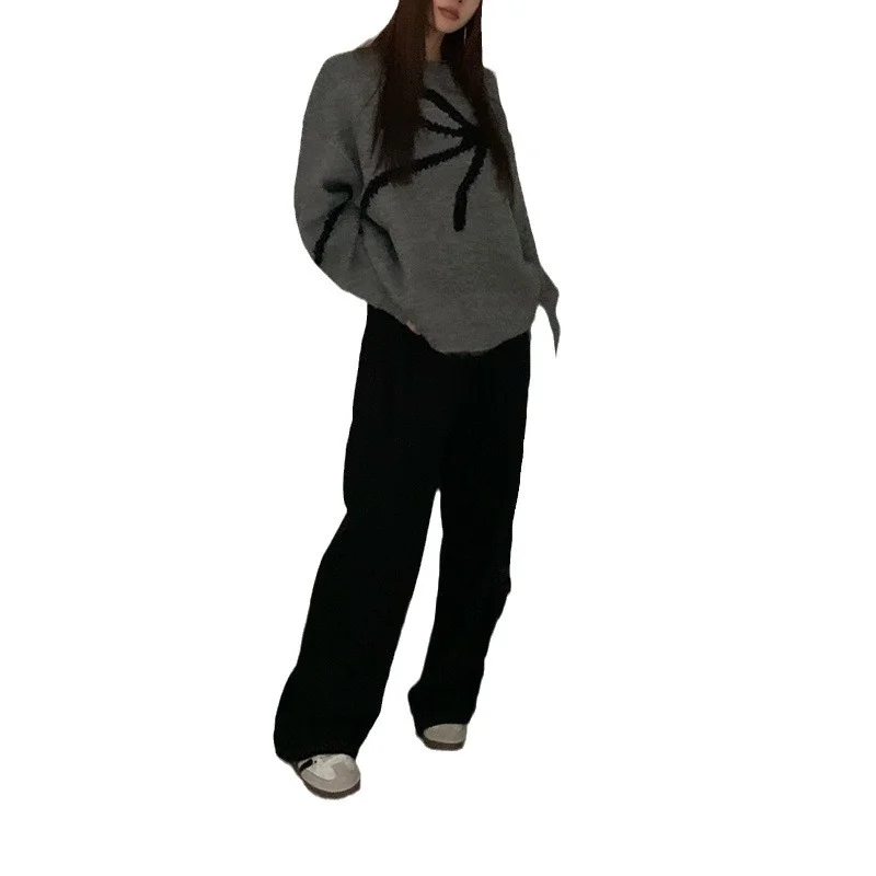 Brownm Brownm New 2024 Korean Version Of The Versatile Design Bow Knit Loose Soft Waxy Round Collar Sweater