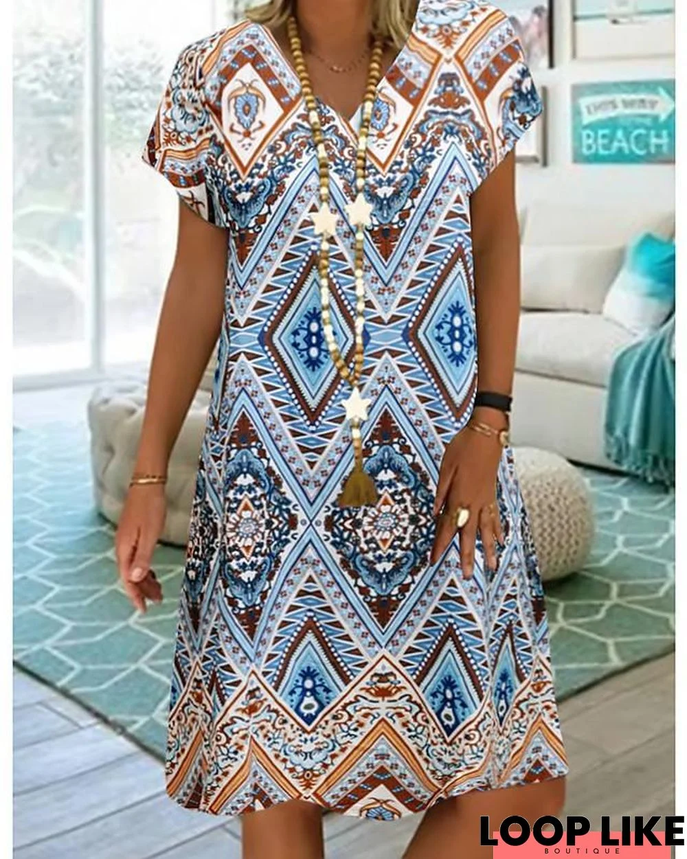 Women's A-Line Dress Knee Length Dress Short Sleeve Tribal Print Summer V Neck Plus Size Hot Casual Vacation Dresses Loose Blue Red-0222811