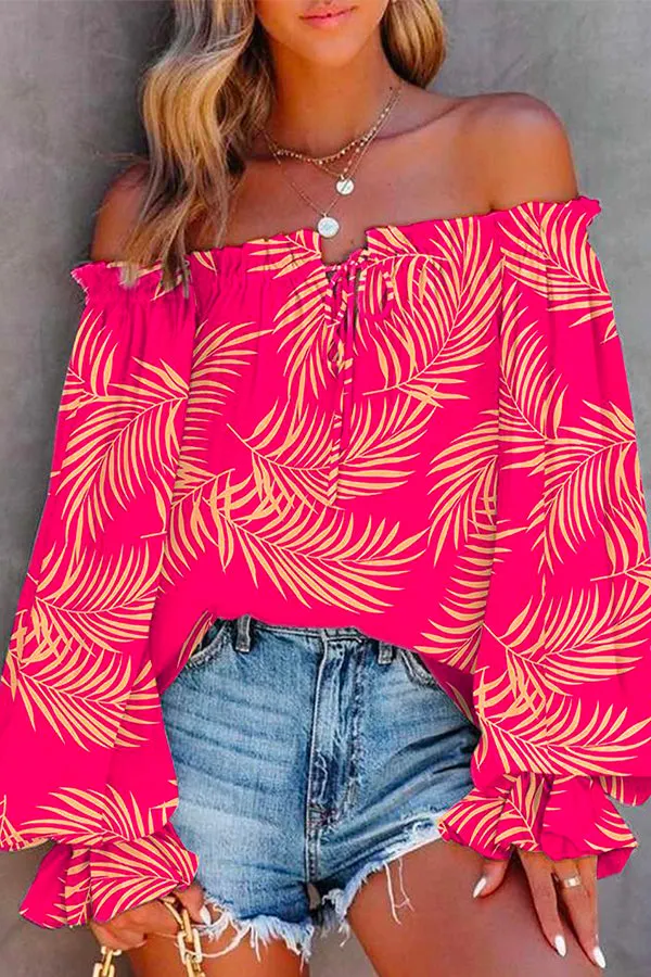 Off Shoulder Long Sleeve Printed Pullover Top