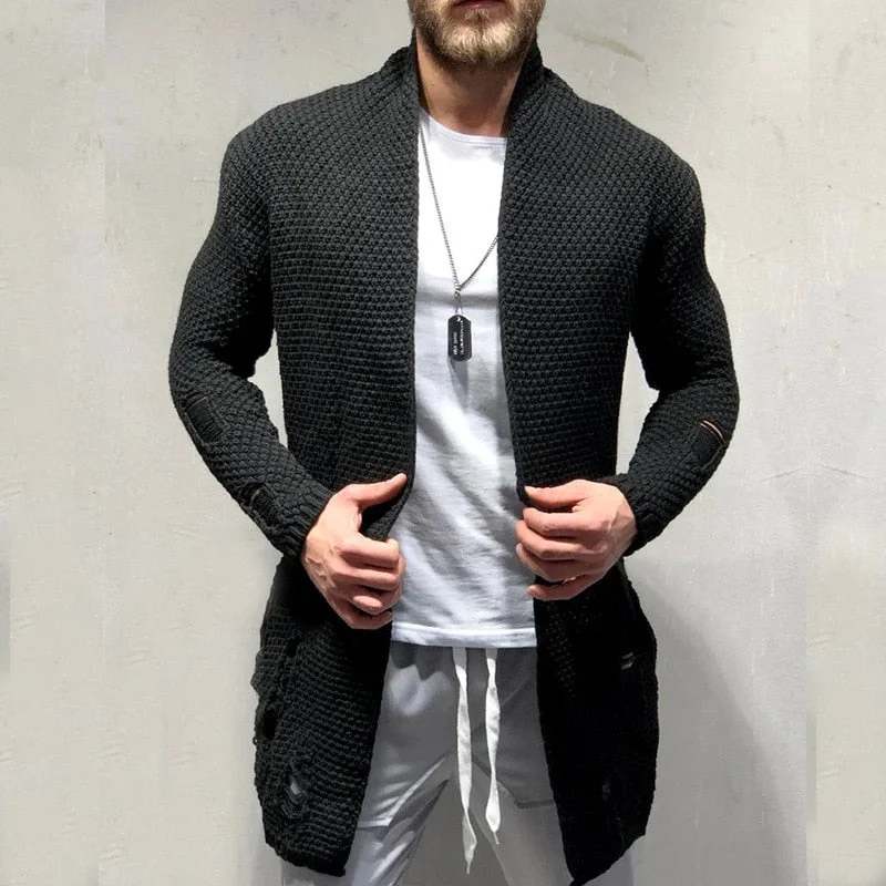 2022 New Men's Cardigan Male High Street Slim Fit Long Cardigans Outerwear Solid Color Knitted Sweater Coat 3XL