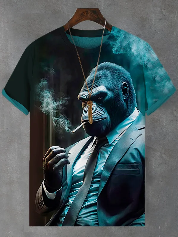 Men's Cool Monkey Gentleman Smoking Print Casual T-Shirt