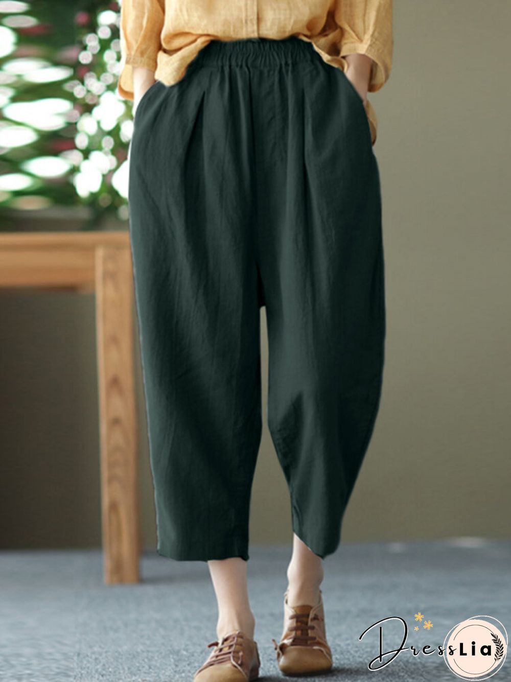 Women Solid Pocket Elastic Waist Casual Harem Pants