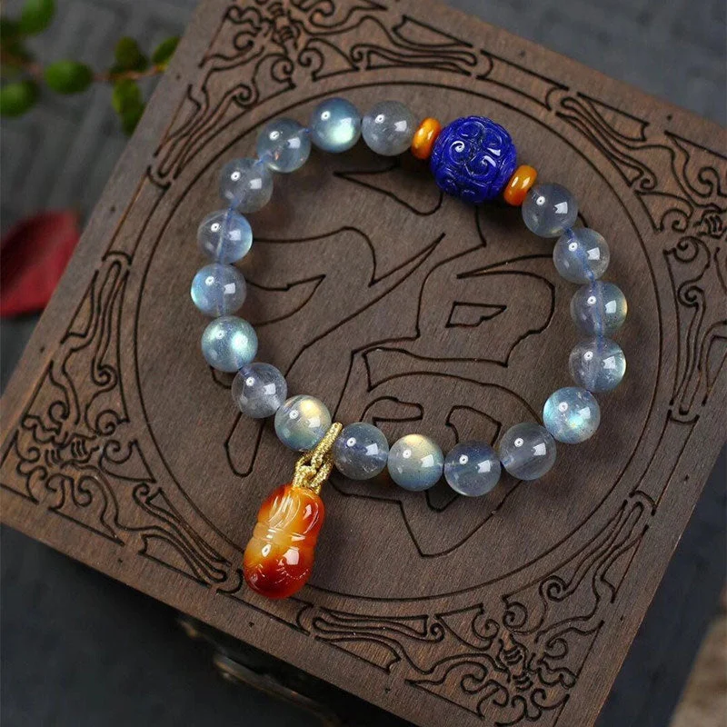 Natural Moonstone Lazurite Amber Calm Healing Positive Bracelet