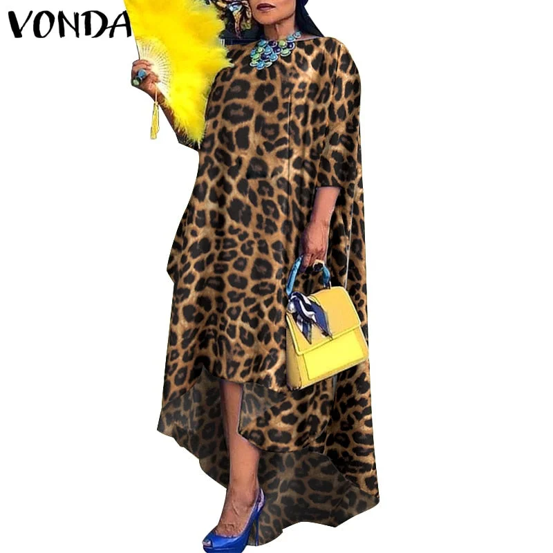 Women Casual 2/3 Sleeve Irregular Maxi Dress 2022 VONDA Robe Spring O Neck Asymmetrical Pleated Vestidos Elegant Long Sundress