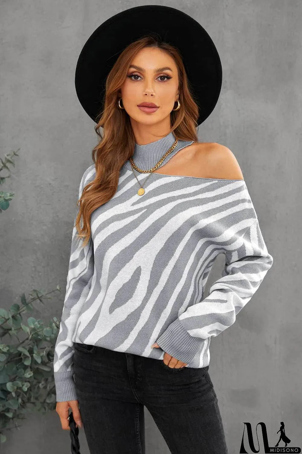MidiSono - Gray Zebra Print Mock Neck Cold Shoulder Sweater