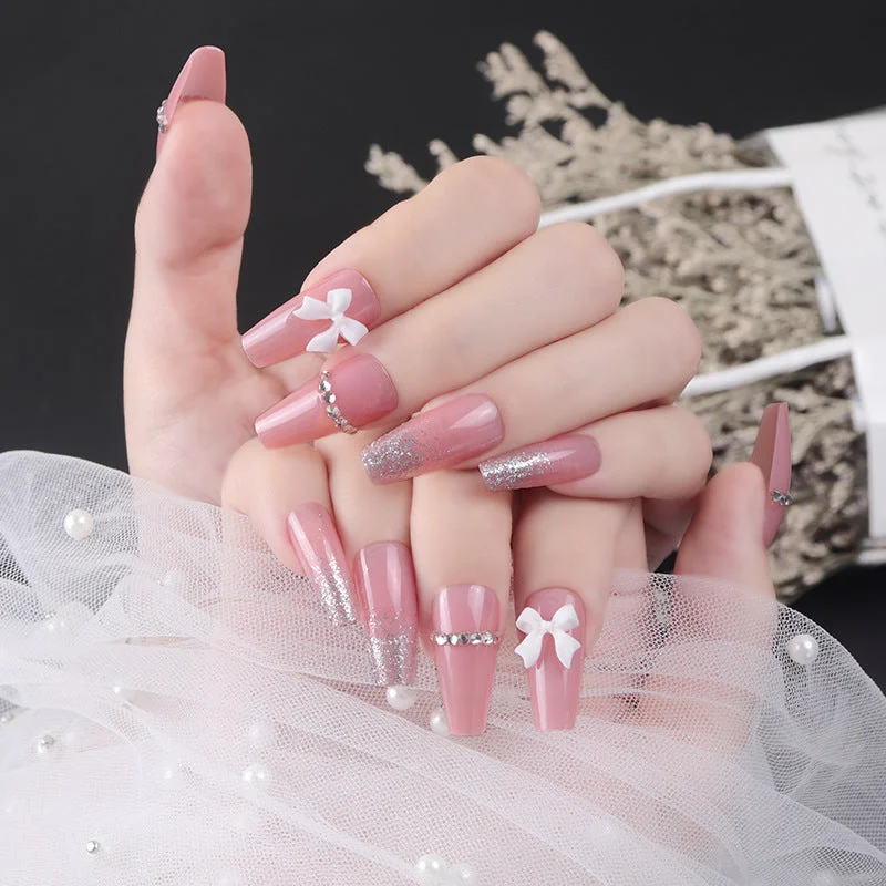 Laser Diamond Medium-length Press On Nails with Jelly Double Sided Nail Adhesives 24 pcs