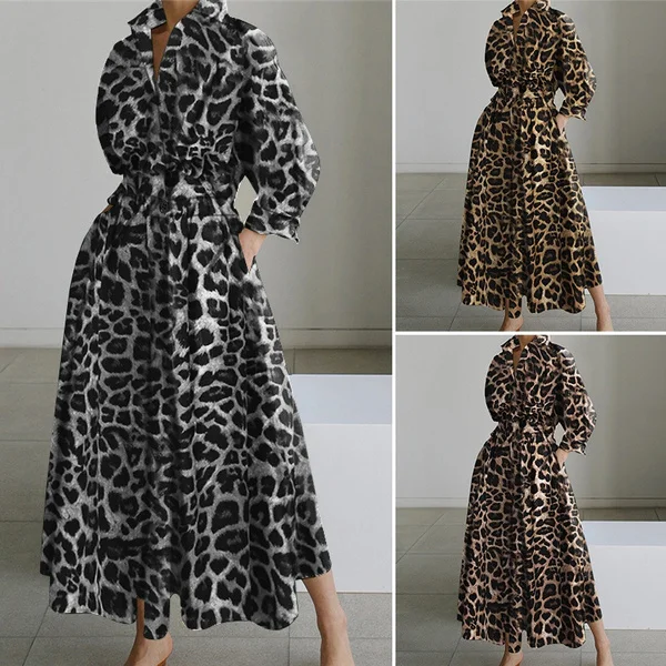 Women Bohemian Leopard Print Maxi Dress Elegant Full Sleeve Casual Swing Mid-Calf Length Sundress