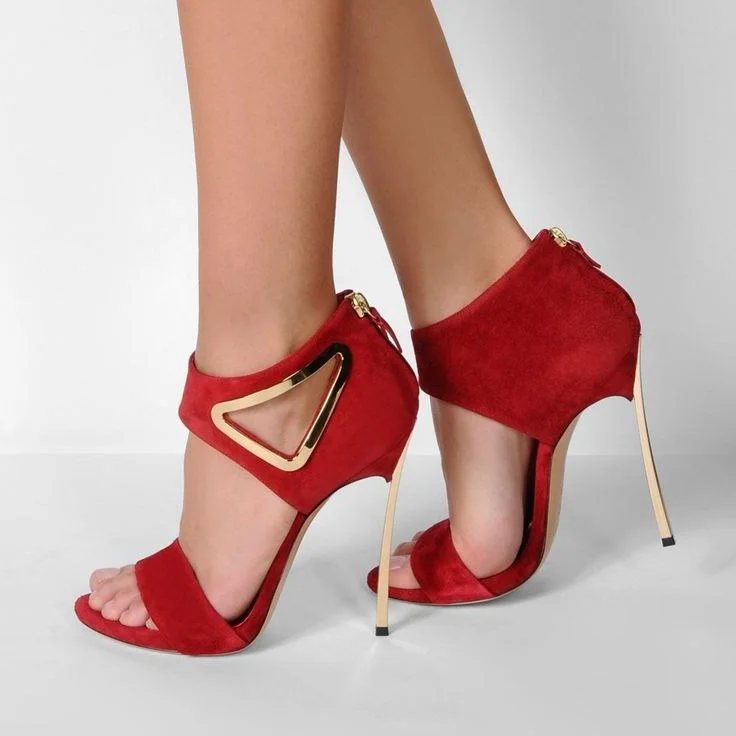Red Vegan Suede Stiletto Heels Open Toe Cut out High Heels Sandals |FSJ Shoes