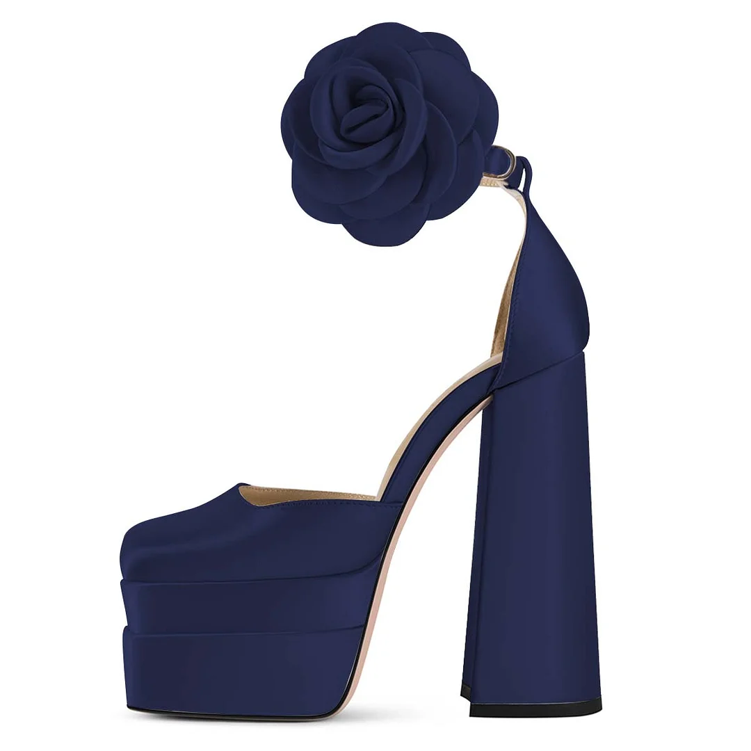 YDN Chic Navy Satin Square Toe Flower Ankle Strap Platform Heels