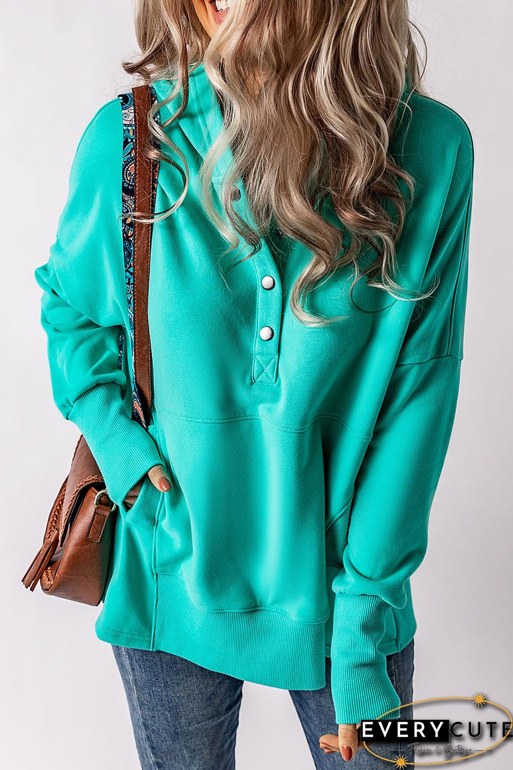 Turquoise Batwing Sleeve Pocketed Henley Hoodie