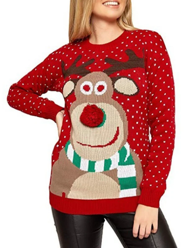 Women's Fawn Jacquard Round Neck Long Sleeve Pullover Christmas Sweater Flusfy
