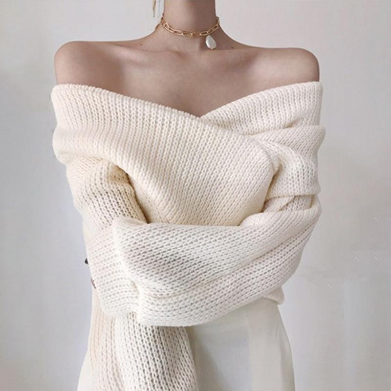 Single-Shoulder Solid-Color Long-Sleeved Sweater