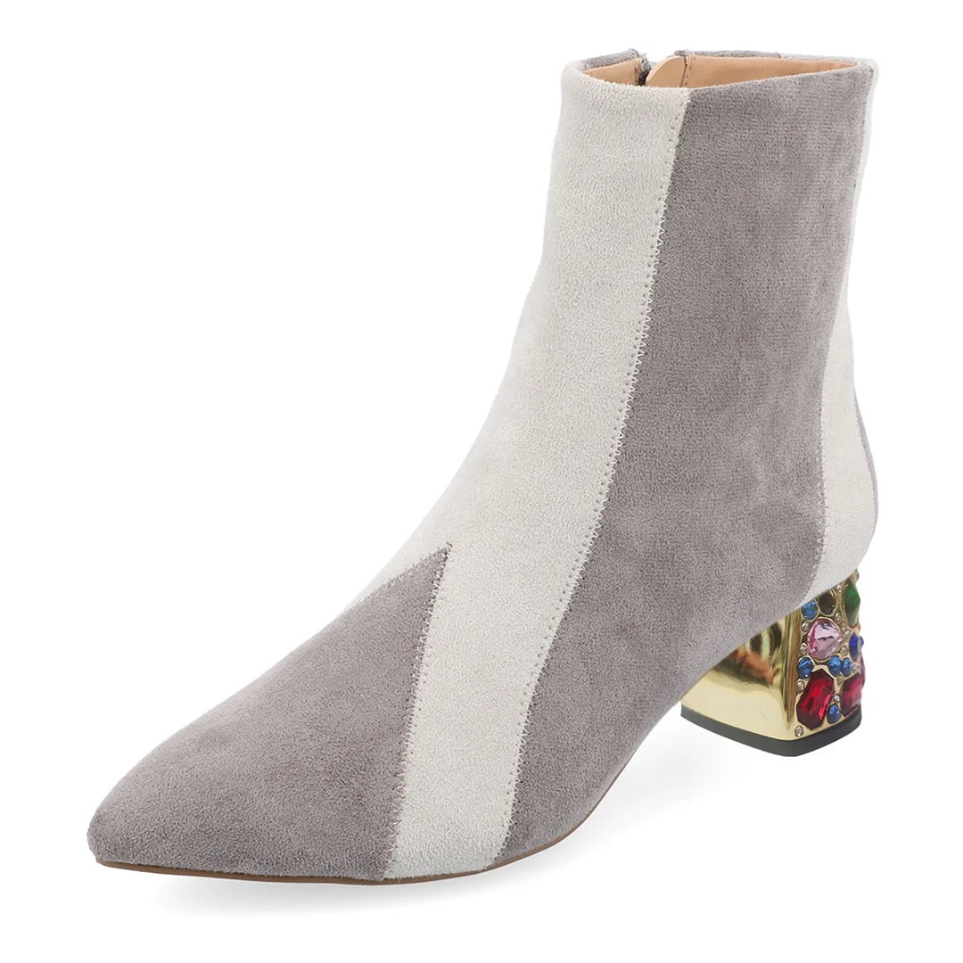 Gray & White Faux Suede Pointed Toe Rhinestone Embellished Ankle Boots