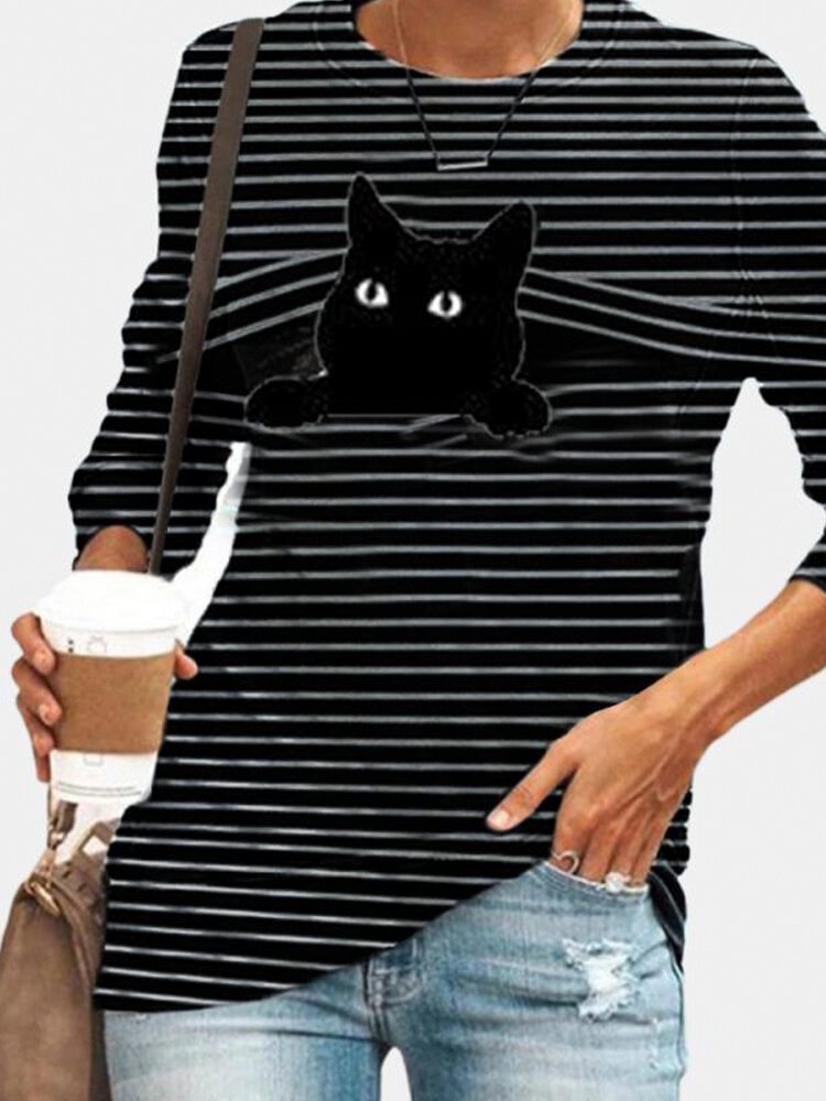 Black Cat Print Long Sleeves O neck Striped Casual T shirt For Women P1766880