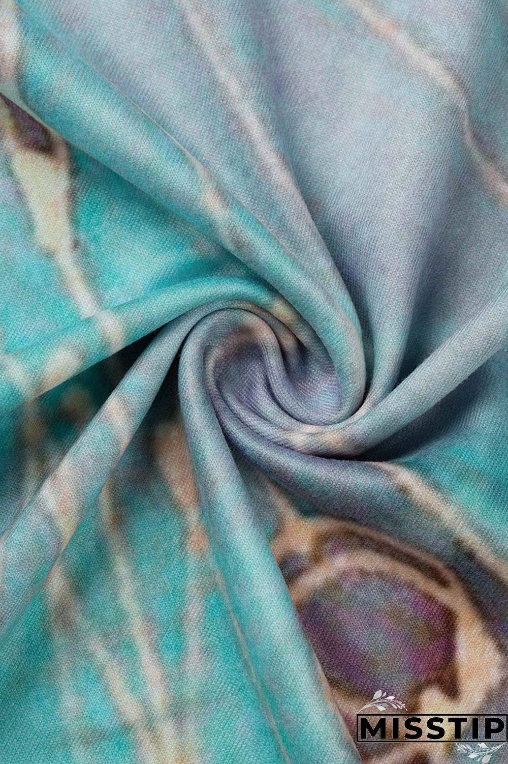 Cyan Fashion Casual Print Patchwork V Neck Long Sleeve Dresses