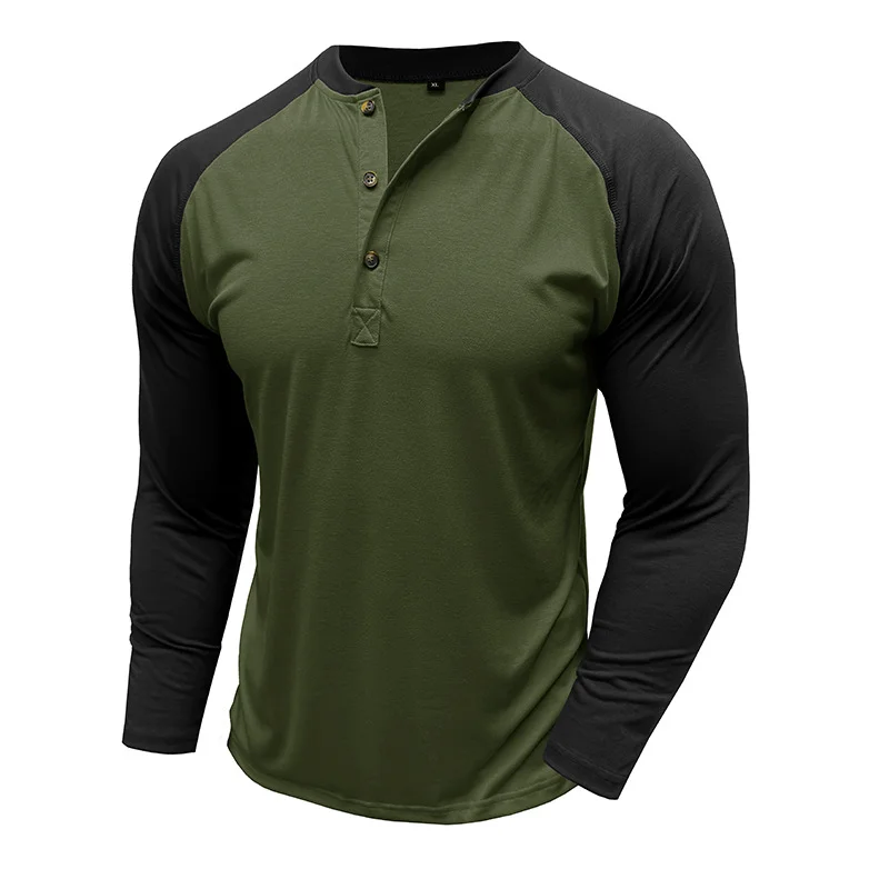 Men's Long-sleeved Color Matching Henry Shirt Crew Neck Autumn Fall Basic T-shirt