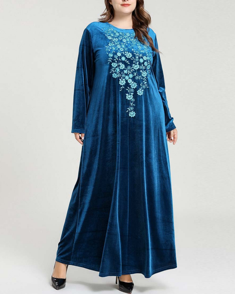 Blue Floral Embroidered Long-Sleeve Casual Velvet Dress