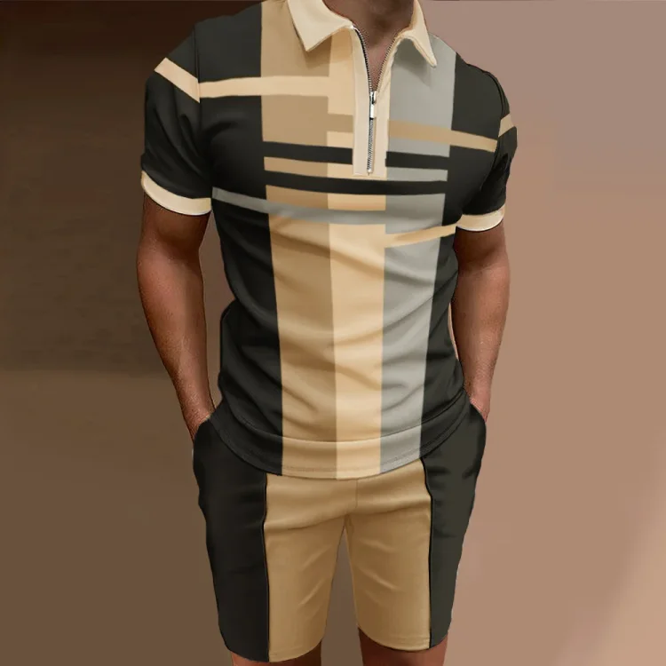 BrosWear Fashion Casual Geometry Polo And Shorts Two-Piece Set