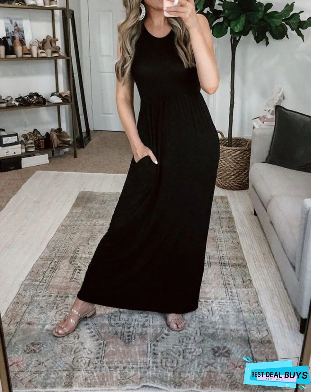 Black Sleeveless Round Neck Maxi Dress Black Dresses