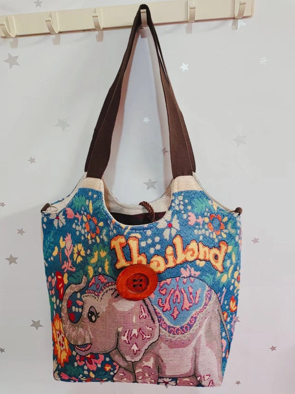 Women’s Large Canvas Elephant Ethnic Style Square Zipper Shoulder Bag