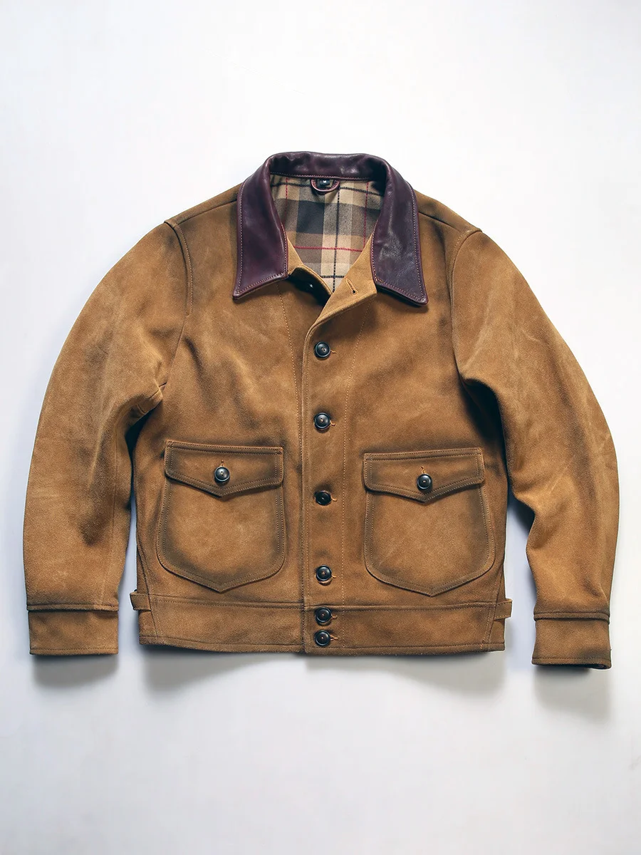 Retro handmade wipe color splicing RL suede yellow cowhide leather jacket
