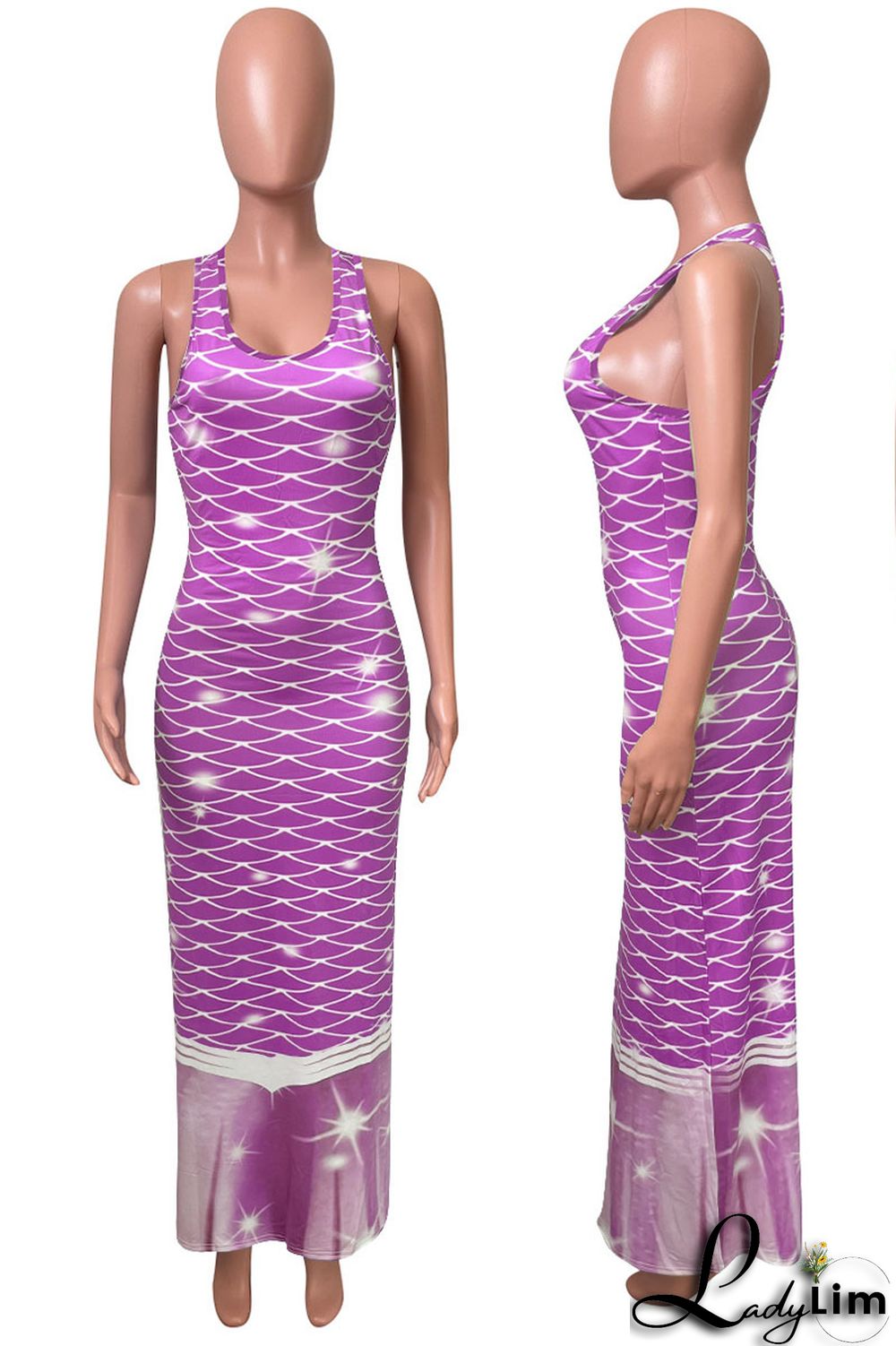 Tangerine Red Casual Print Split Joint U Neck Vest Dress Dresses