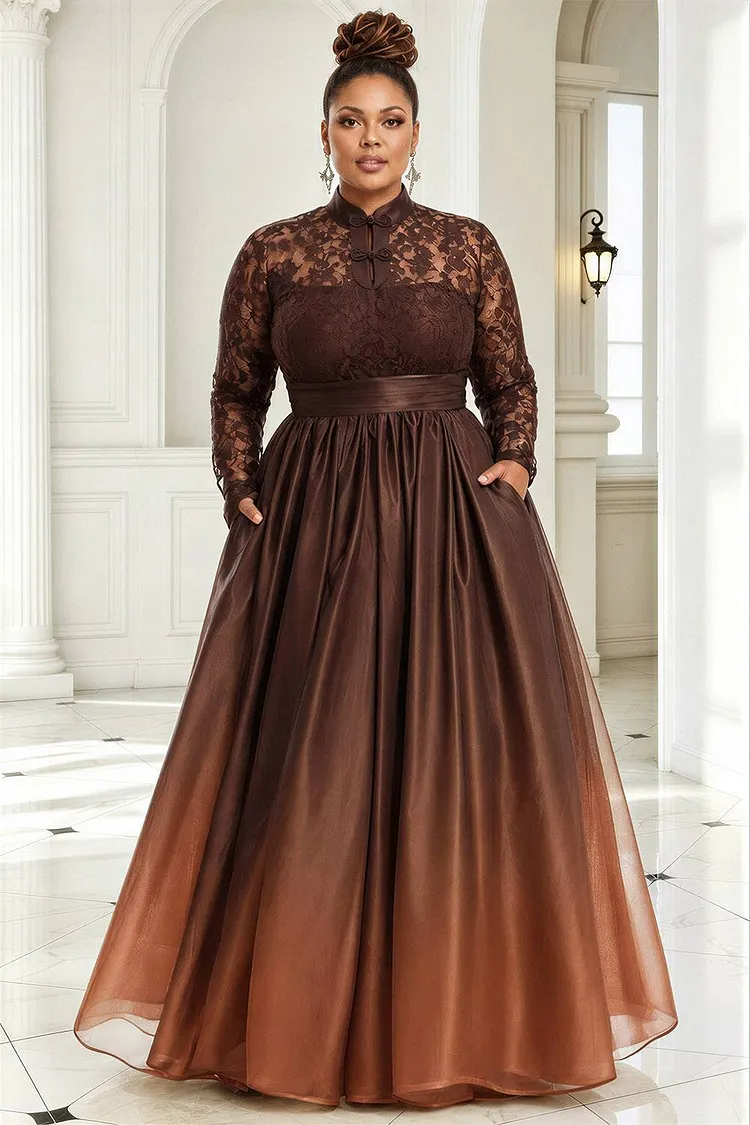 Xpluswear Design Plus Size Formal Organza Brown Gradient Mock Neck Long Sleeve Frog Button Pocket Lace Maxi Dresses [Pre-Order] 2024 - Xpluswear
