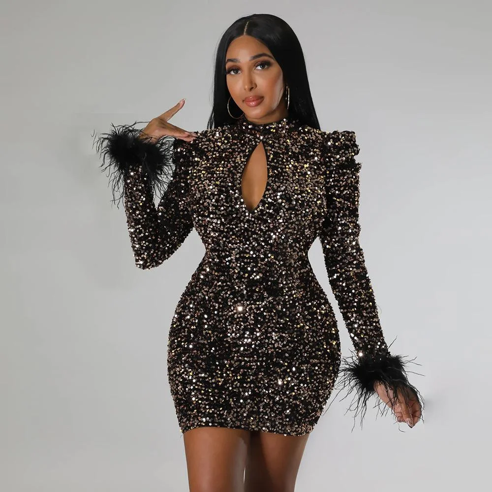 Neosepa-Open Back Mock Neck Bubble Sleeve Sequins Feather Trimmed Cocktail Dress