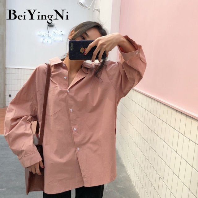 Beiyingni 2022 Spring Autumn Women Shirts White Plain Loose Oversized Blouses Female Tops Loose BF Korean Style Blusas Pockets|Shirt|