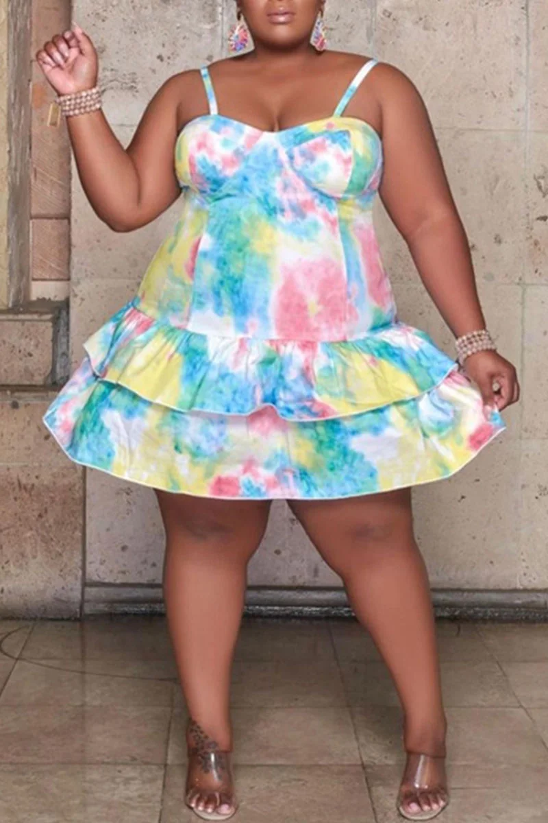 Colour Sweet Print Patchwork Flounce Spaghetti Strap Cake Skirt Plus Size Dresses | EGEMISS
